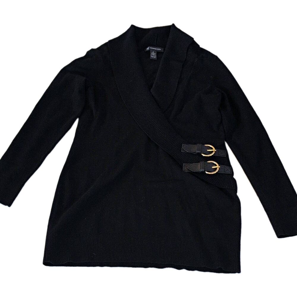 INC Black Shawl Collar Wrap Sweater Tunic with Gold Side Buckles Women M